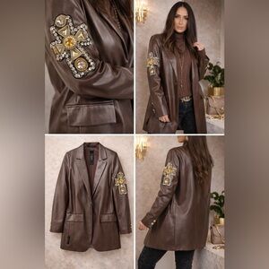 Minouu Oversized Faux Leather Jacket. Crystal Embellishment European Designer